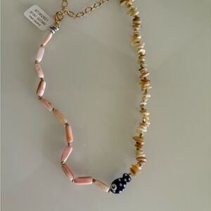 Free People Pink and Tan Beaded Necklace with Fish Charm